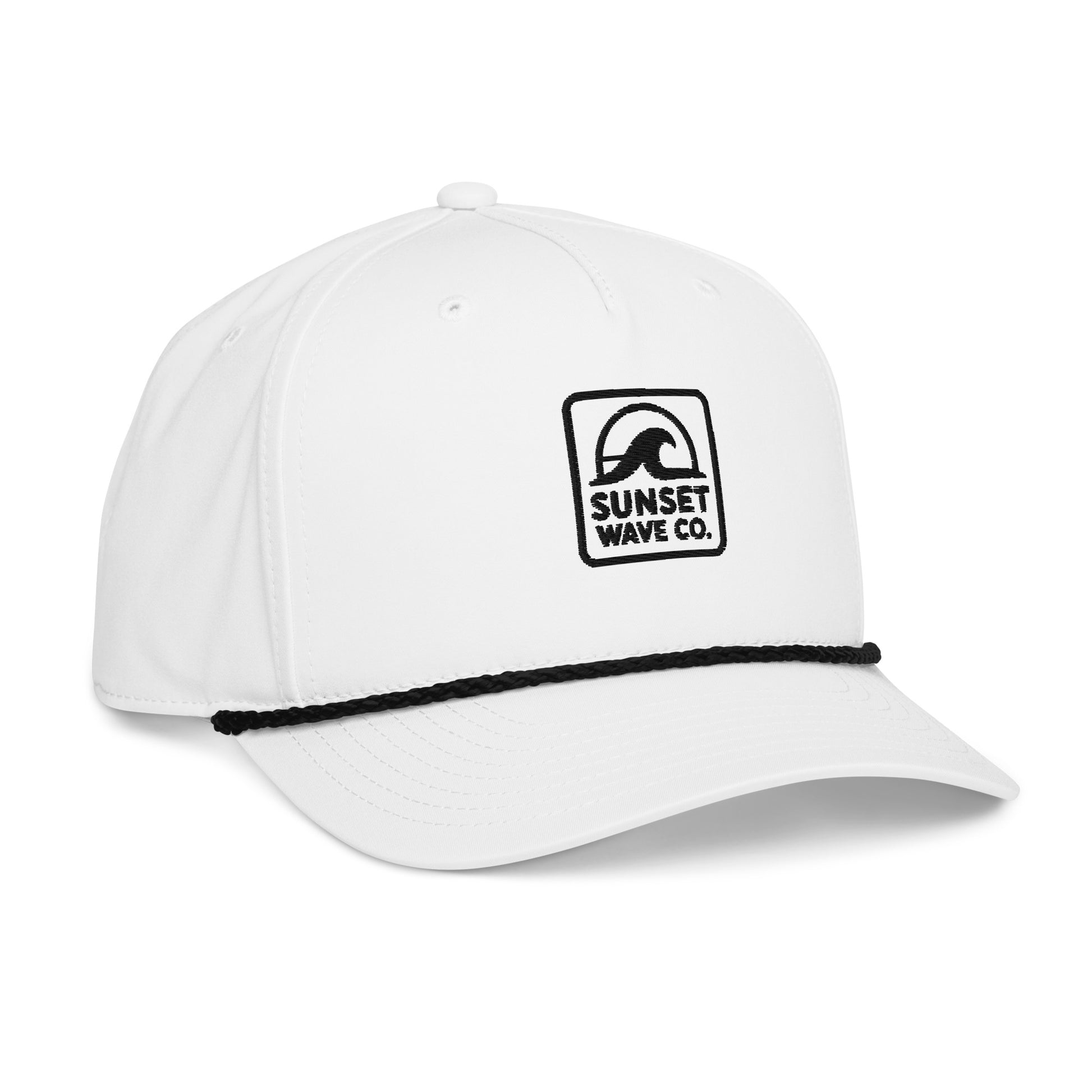 White classic rope cap with black embroidered Sunset Wave Co. logo on front and black rope detail