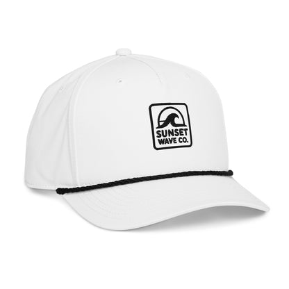 White classic rope cap with black embroidered Sunset Wave Co. logo on front and black rope detail