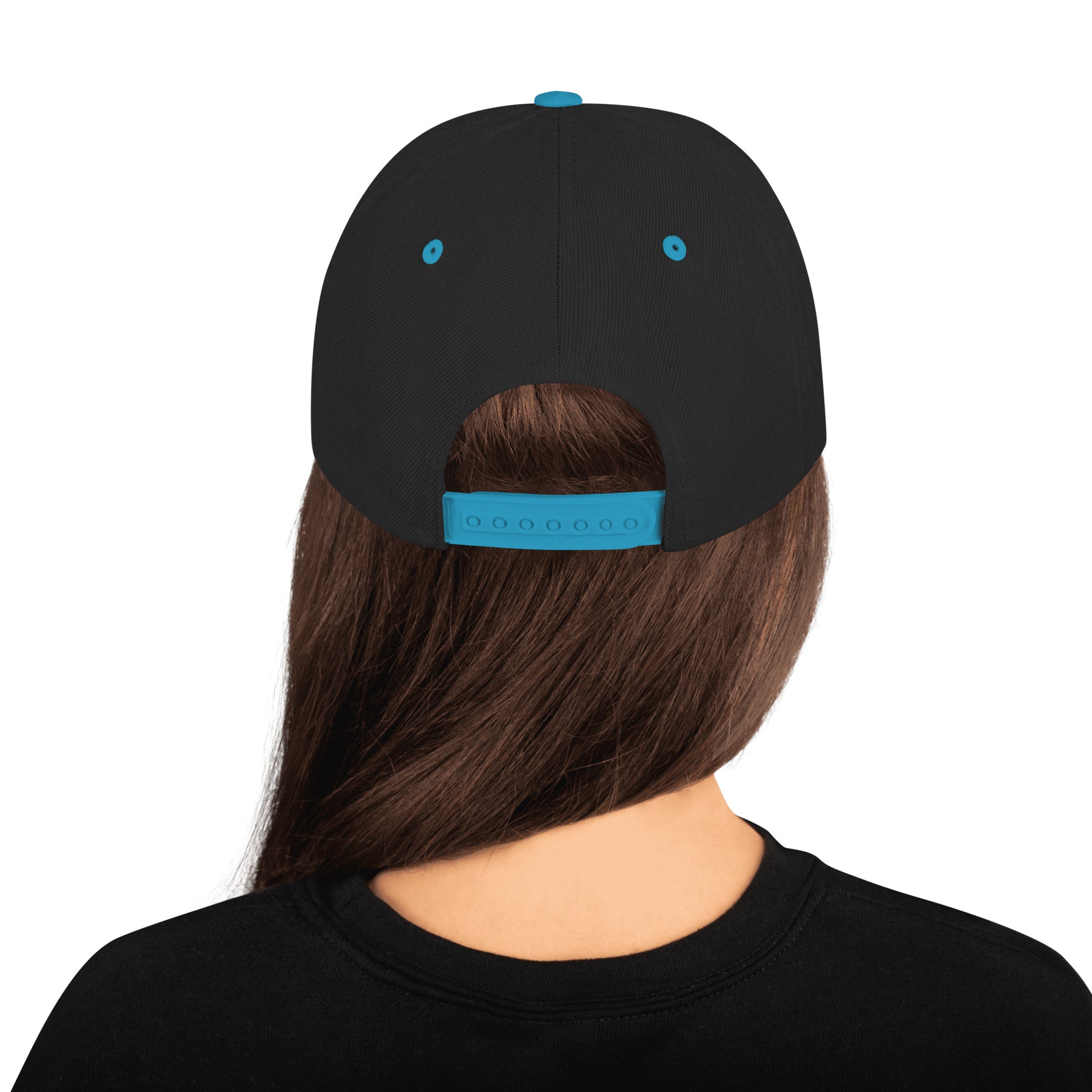 Back view of person wearing black snapback hat with teal adjustable strap and eyelets