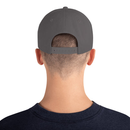 Back view of a person wearing a dark grey classic snapback cap with adjustable strap