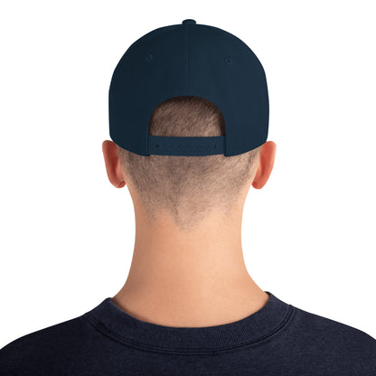 Back view of person wearing dark navy classic snapback cap with adjustable strap and navy sweatshirt