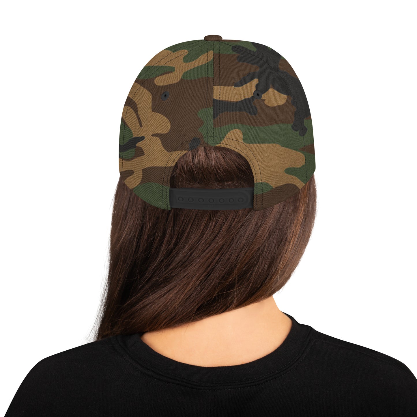 Back view of person wearing green camo classic snapback hat with adjustable strap and black shirt