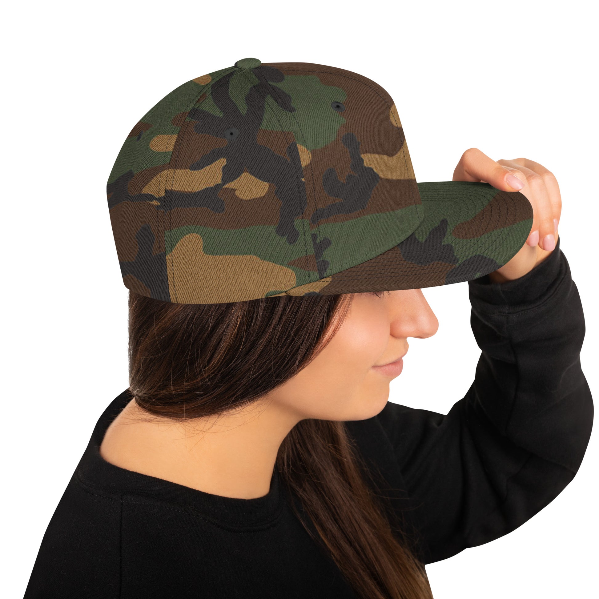 Woman wearing green camo classic snapback hat with flat brim and black sweatshirt