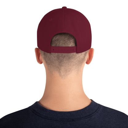 Back view of person wearing maroon classic snapback cap and navy sweatshirt on white background