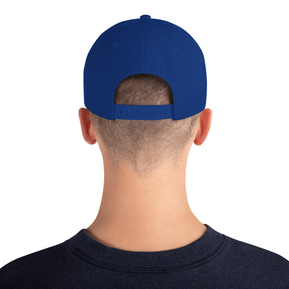 Back view of man wearing royal blue classic snapback hat with adjustable strap and navy sweatshirt