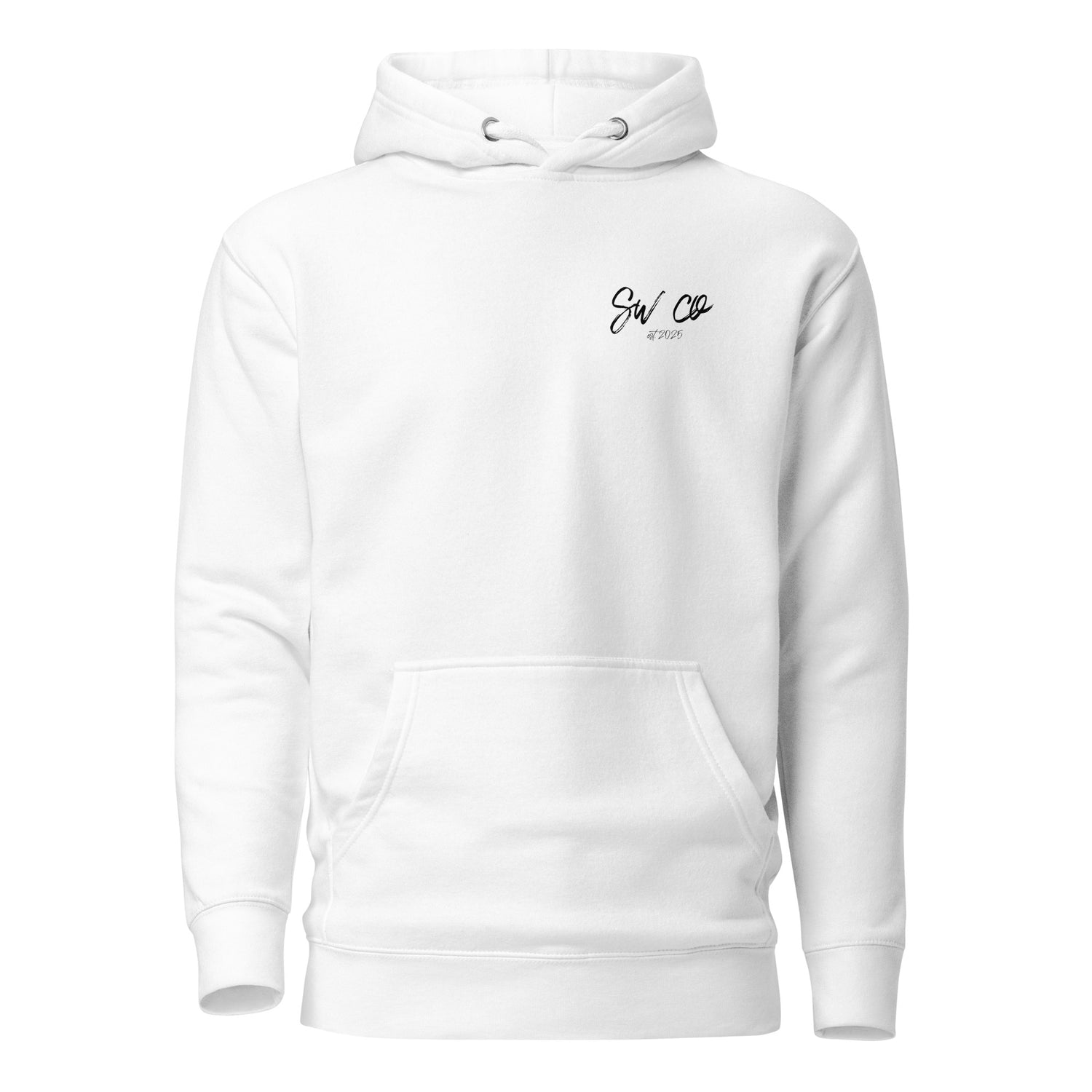 White unisex premium pullover hoodie with front kangaroo pocket and small chest logo