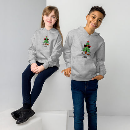 Two kids wearing athletic heather gray fleece hoodies with a cool Christmas tree design and SW CO. logo