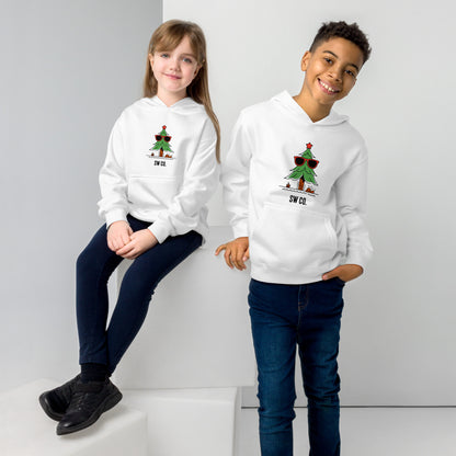 Two children wearing white fleece hoodies with sunglasses Christmas tree design, posing in studio