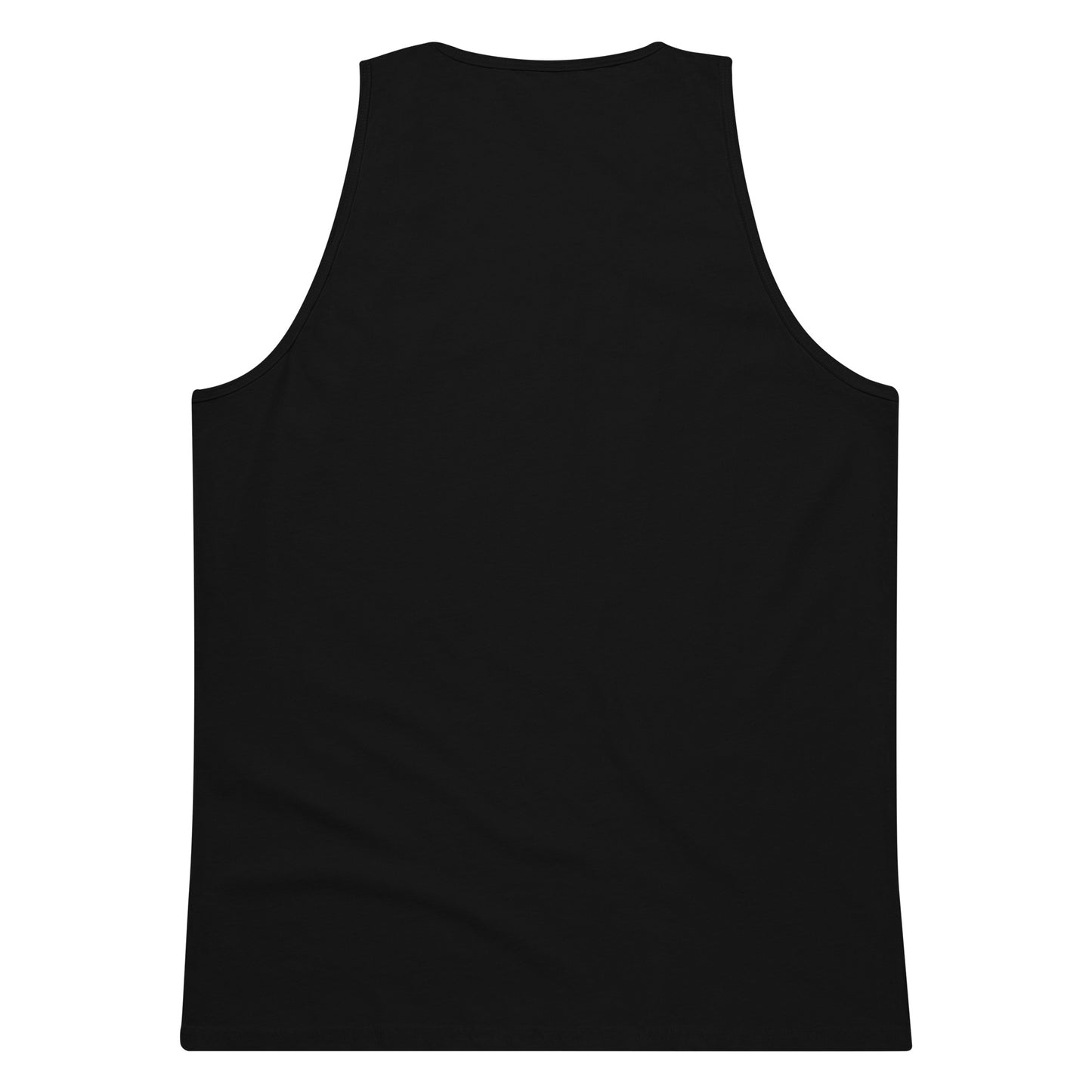Back view of a plain black men's premium tank top on white background