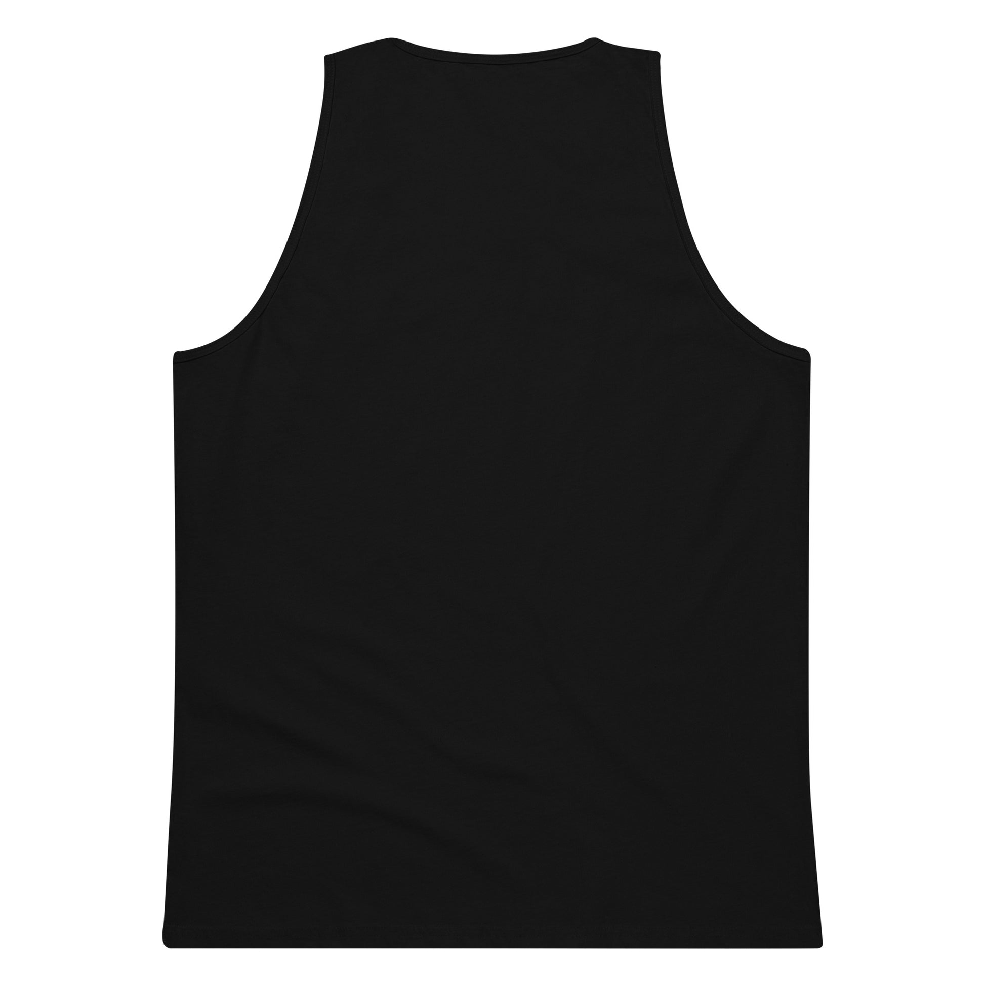 Back view of a plain black men's premium tank top on white background