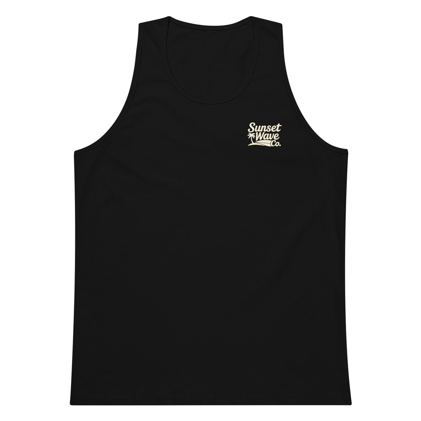 Black men's premium tank top with small cream Sunset Wave Co. logo on chest