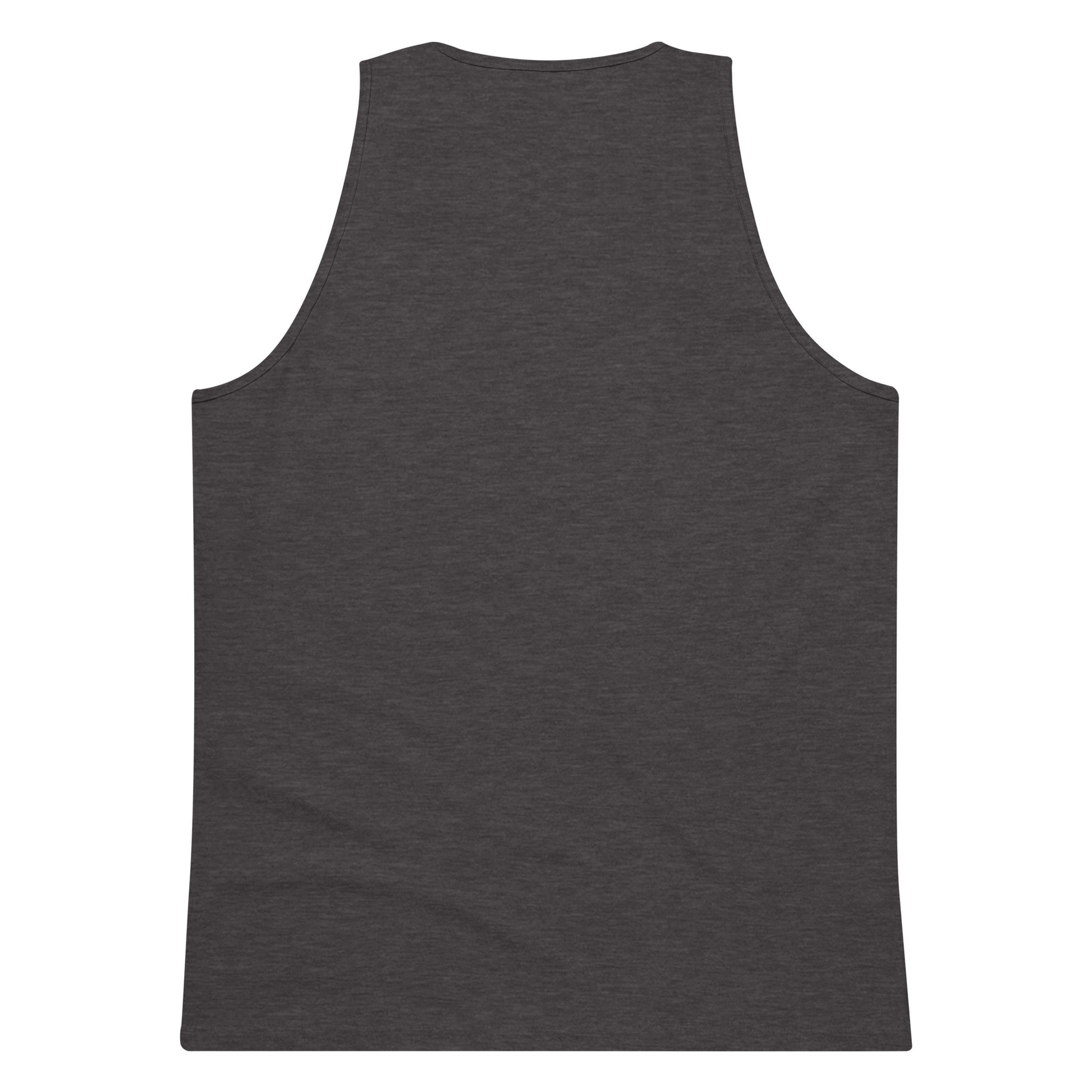 Back view of charcoal heather men's premium sleeveless tank top