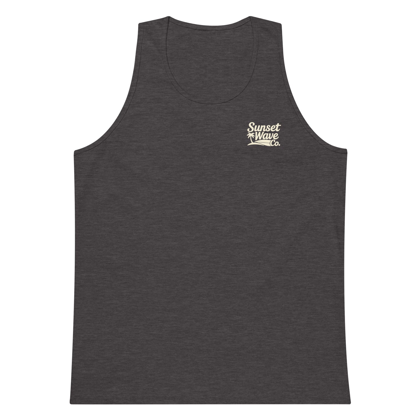 Charcoal heather men's premium tank top with small Sunset Wave Co. logo on chest