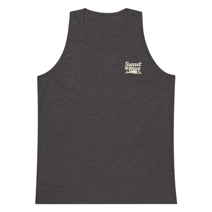 Charcoal heather men's premium tank top with small Sunset Wave Co. logo on chest