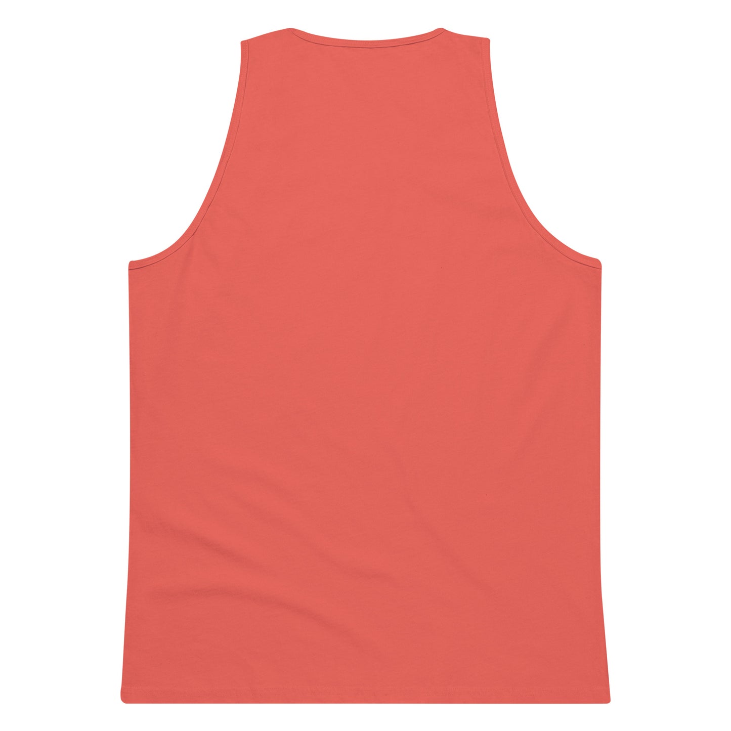 Back view of men's coral premium tank top with sleeveless design on white background