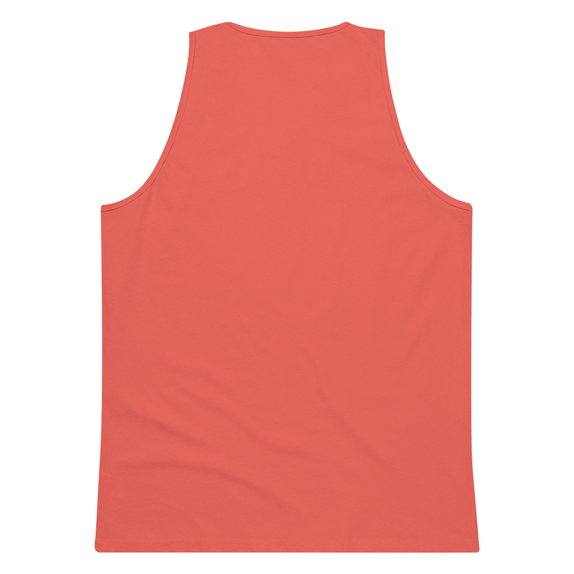 Back view of men's coral premium tank top with sleeveless design on white background