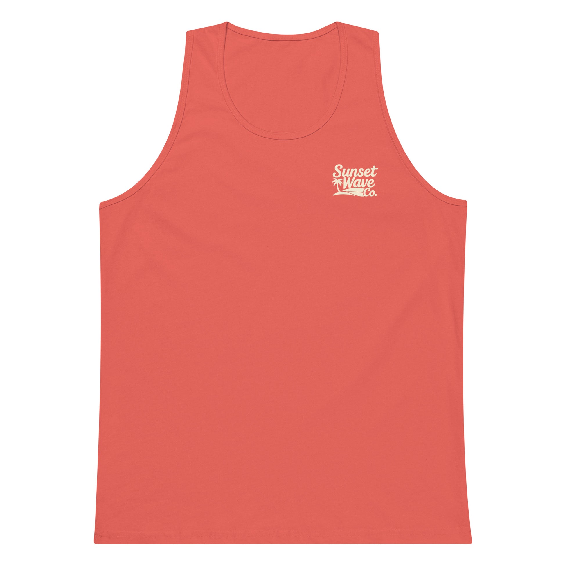 Coral men's premium tank top with white Sunset Wave Co. logo on chest