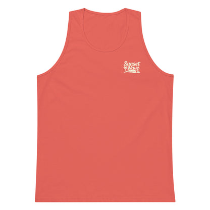 Coral men's premium tank top with white Sunset Wave Co. logo on chest
