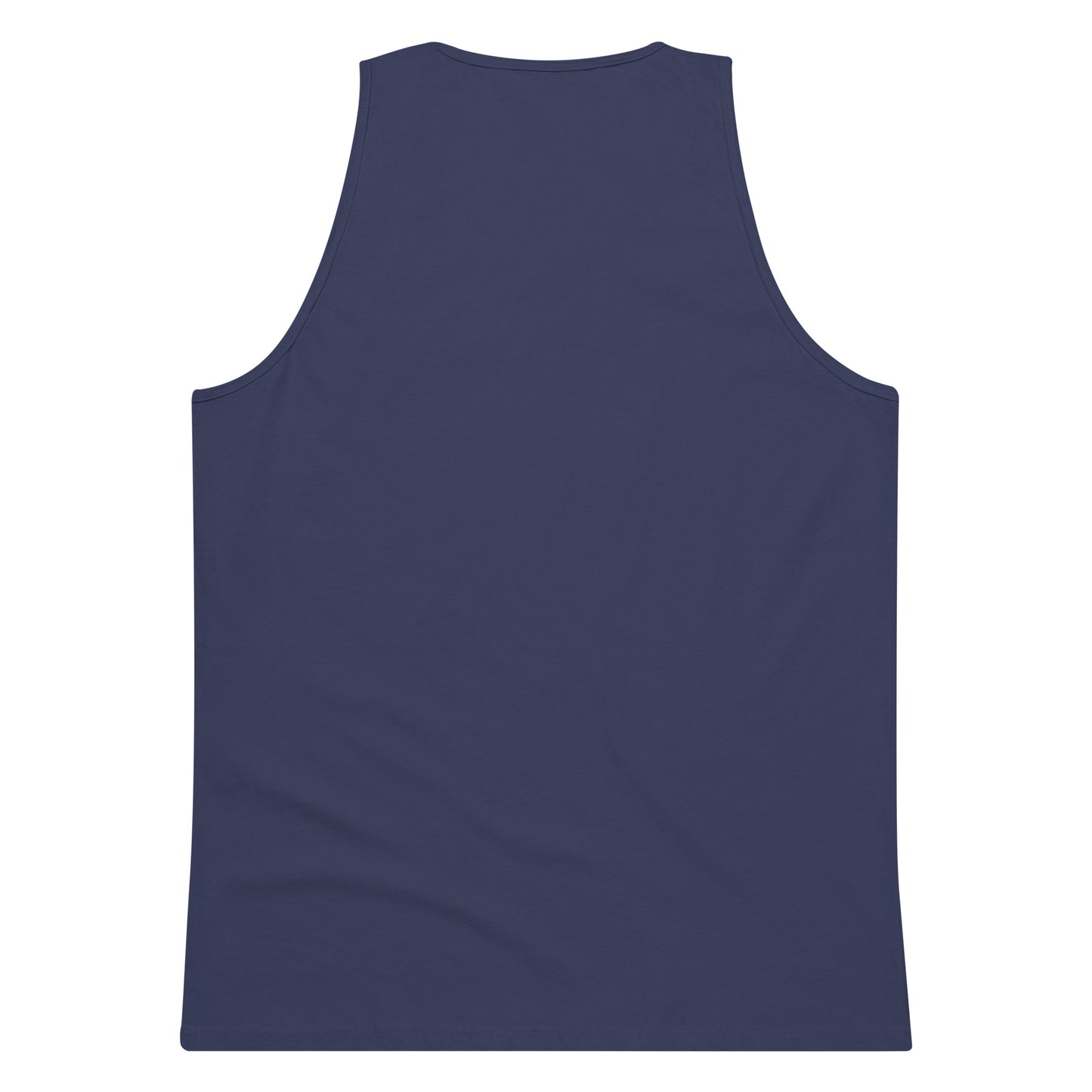 Back view of men's premium tank top in harbor blue color on white background