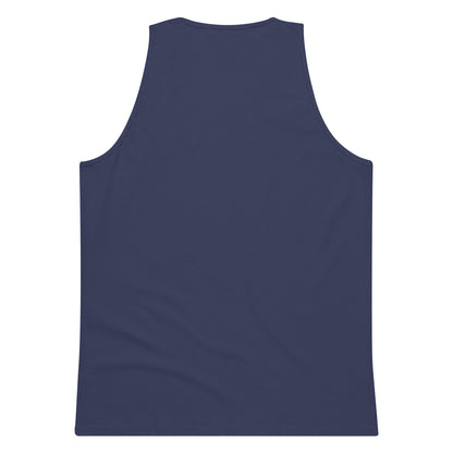 Back view of men's premium tank top in harbor blue color on white background