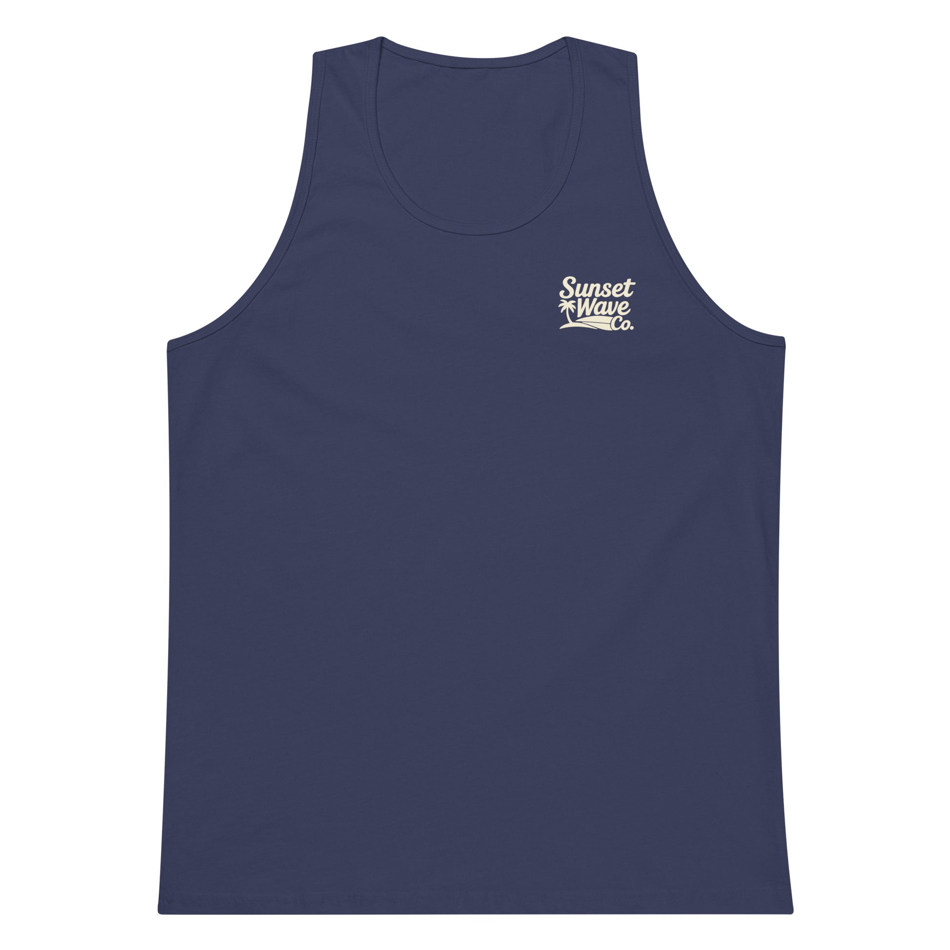 Harbor blue men's premium tank top with small white Sunset Wave Co. logo on chest