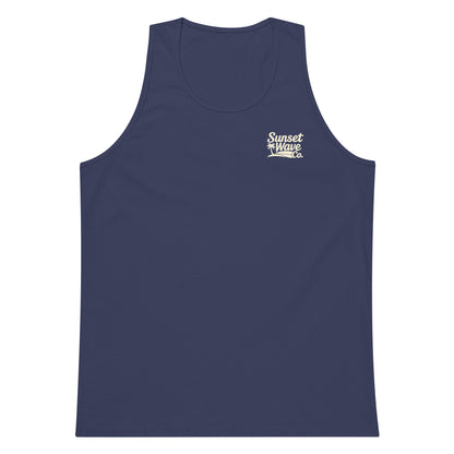 Harbor blue men's premium tank top with small white Sunset Wave Co. logo on chest