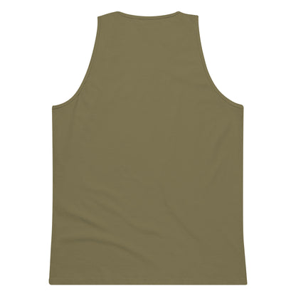 men's premium military green tank top back view on white background