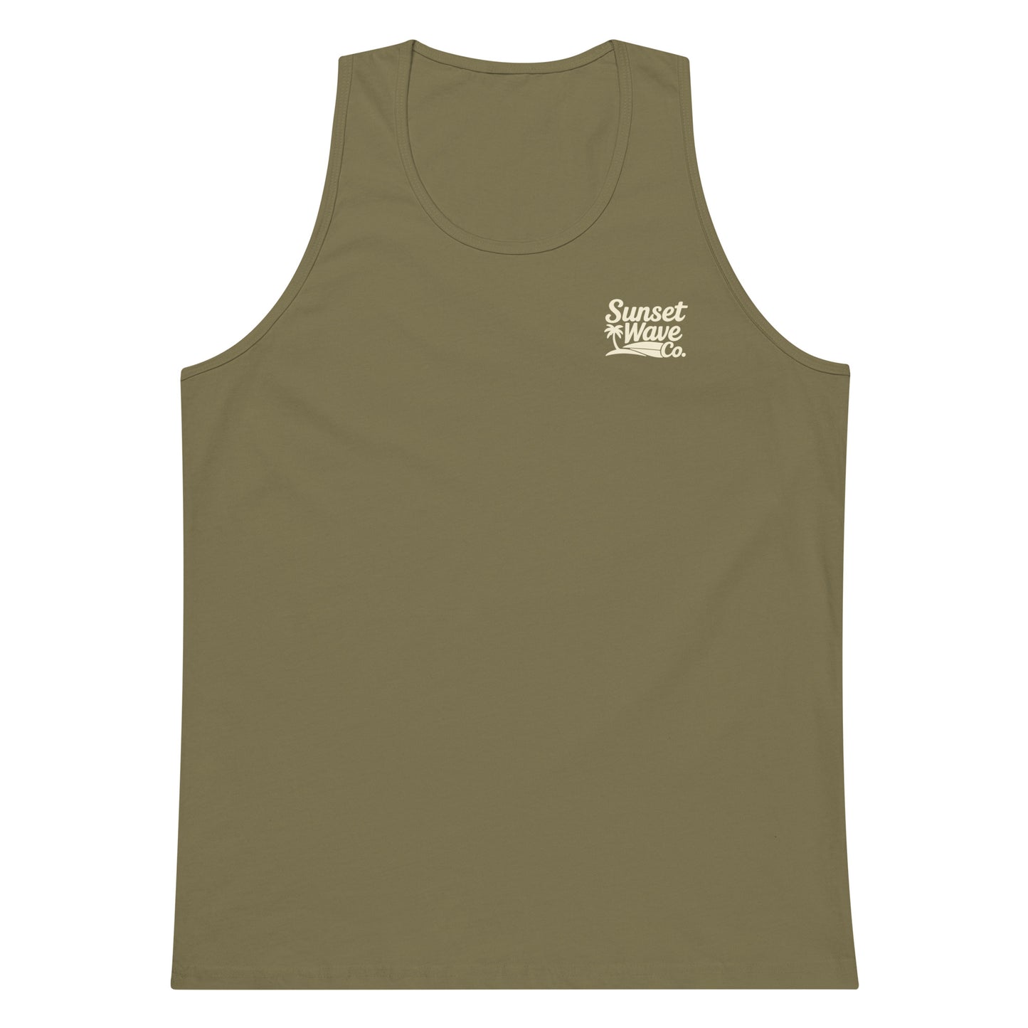 Men's premium military green tank top with white Sunset Wave Co. logo