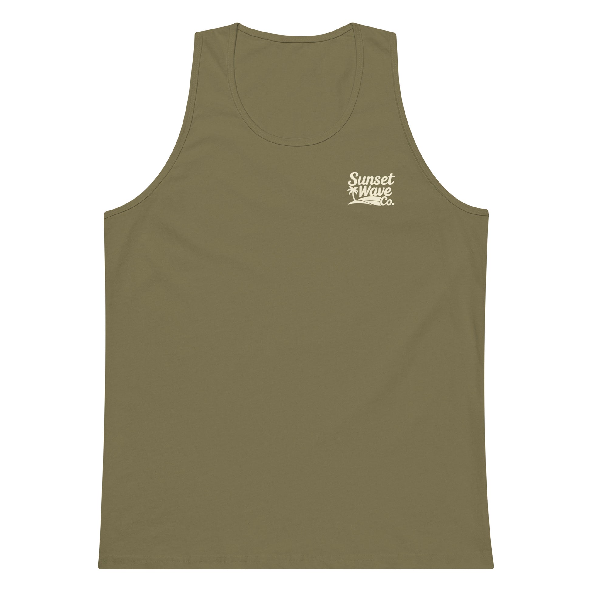 Men's premium military green tank top with white Sunset Wave Co. logo