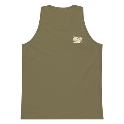 Men's premium military green tank top with white Sunset Wave Co. logo