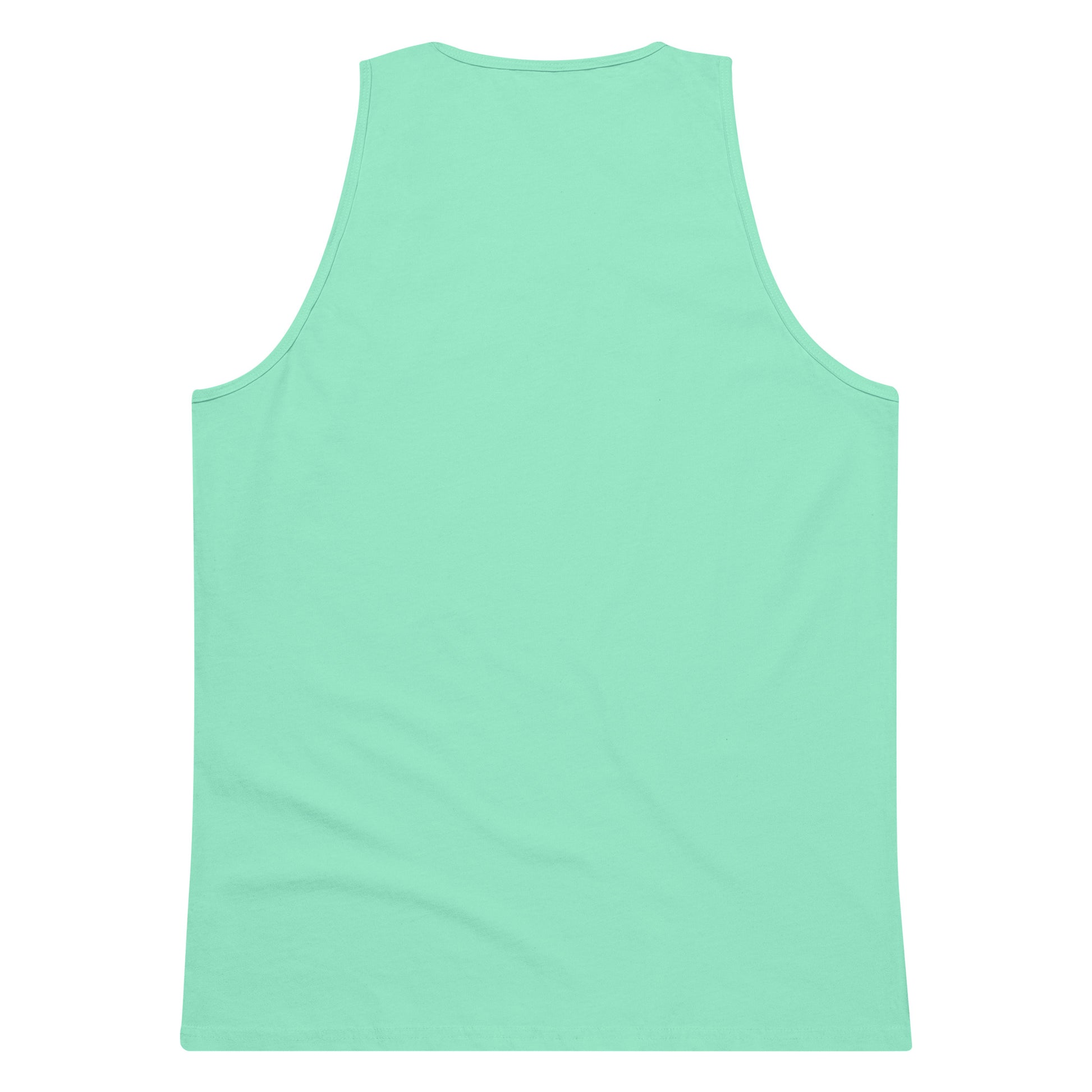 Back view of men's premium mint green tank top with sleeveless design