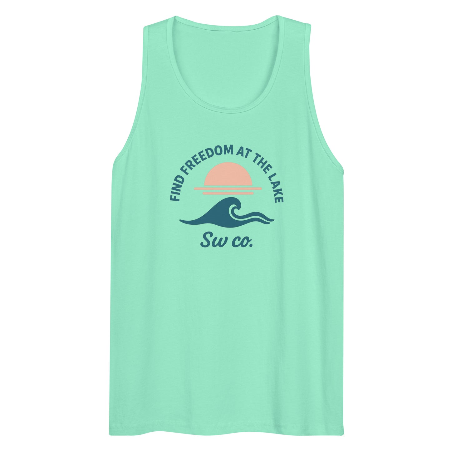 Mint green men's premium tank top with lake-themed graphic and text Find Freedom at the Lake