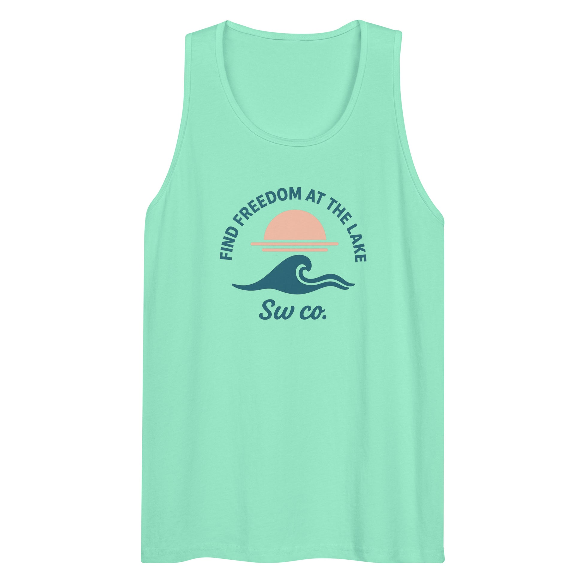 Mint green men's premium tank top with lake-themed graphic and text Find Freedom at the Lake