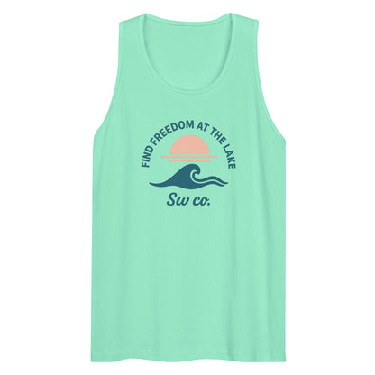 Mint green men's premium tank top with lake-themed graphic and text Find Freedom at the Lake