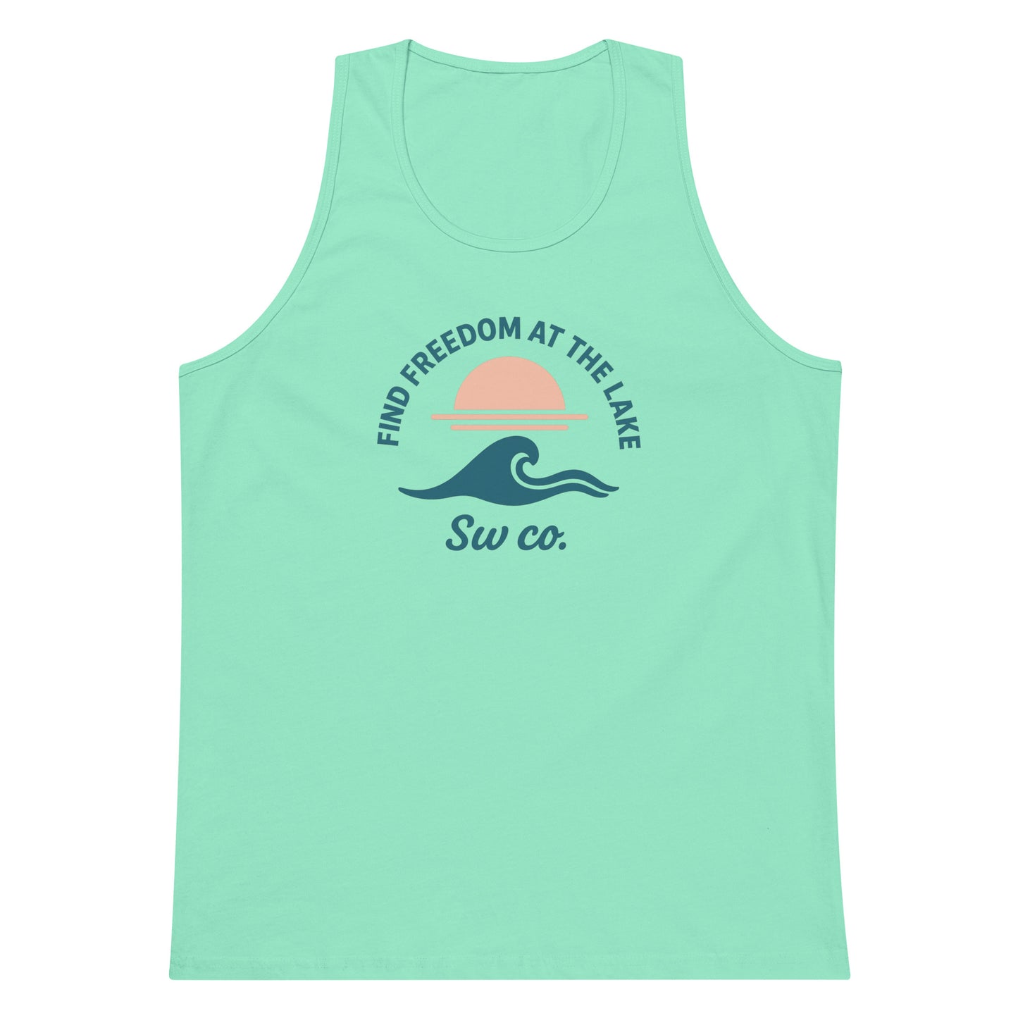 Men's premium mint green tank top with sunset and wave logo and text Find Freedom at the Lake