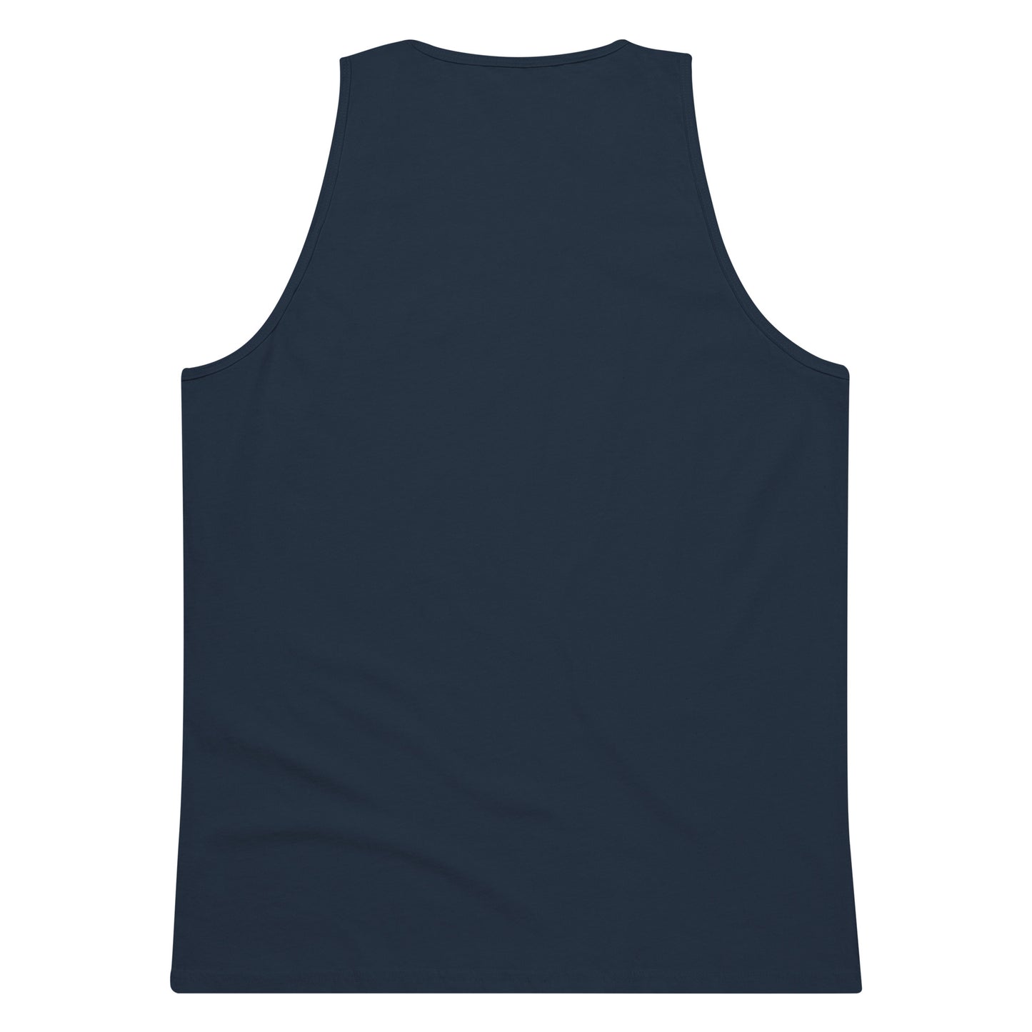 Men's navy blue premium tank top displayed flat showing back view