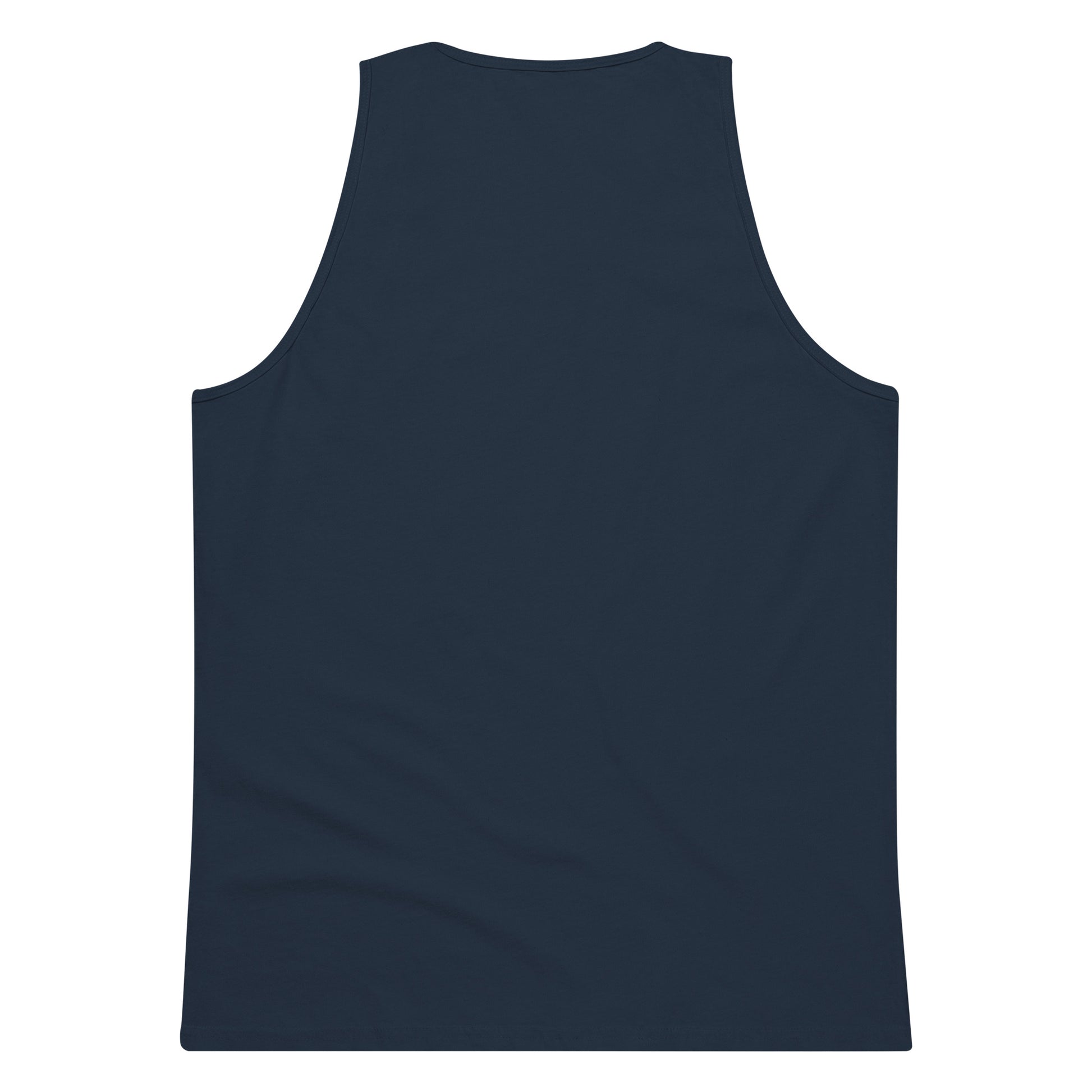 Men's navy blue premium tank top displayed flat showing back view