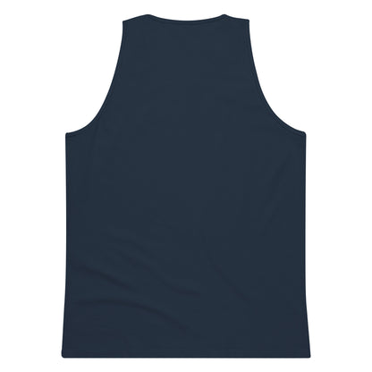 Men's navy blue premium tank top displayed flat showing back view