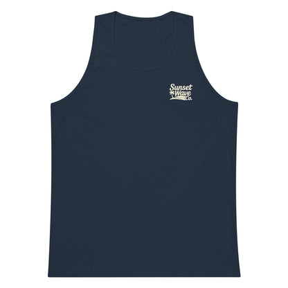 Navy men's premium tank top with small cream Sunset Wave Co. logo on chest
