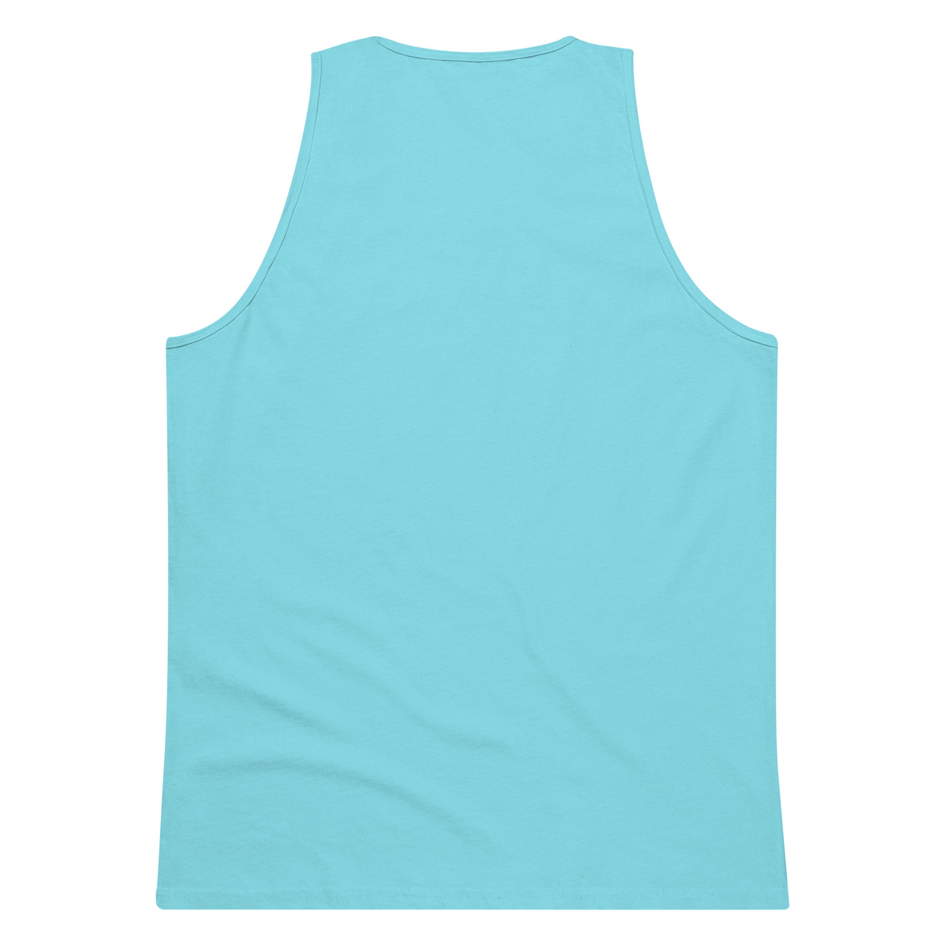 Back view of men's premium tank top in solid pacific blue color on white background