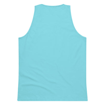 Back view of men's premium tank top in solid pacific blue color on white background