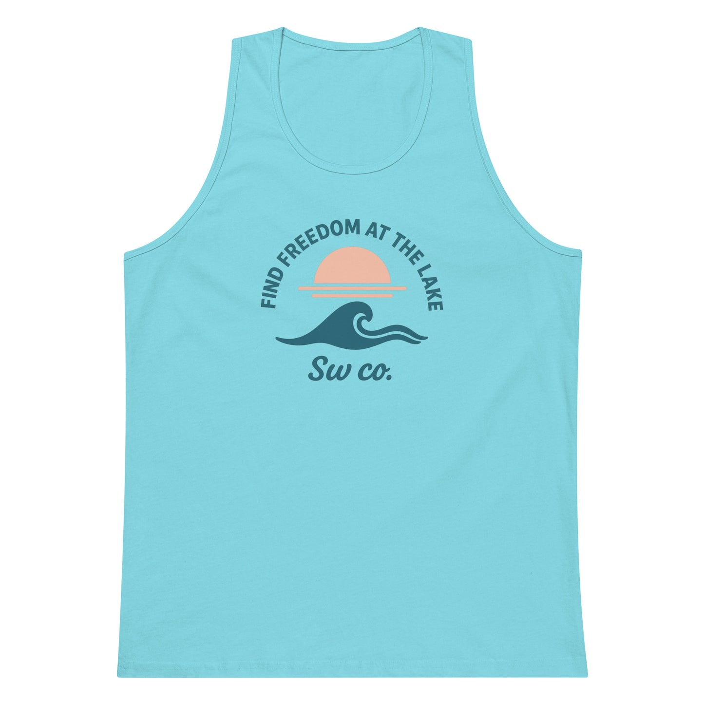 Pacific blue men's tank top with lake wave and sunset graphic, text Find Freedom at the Lake