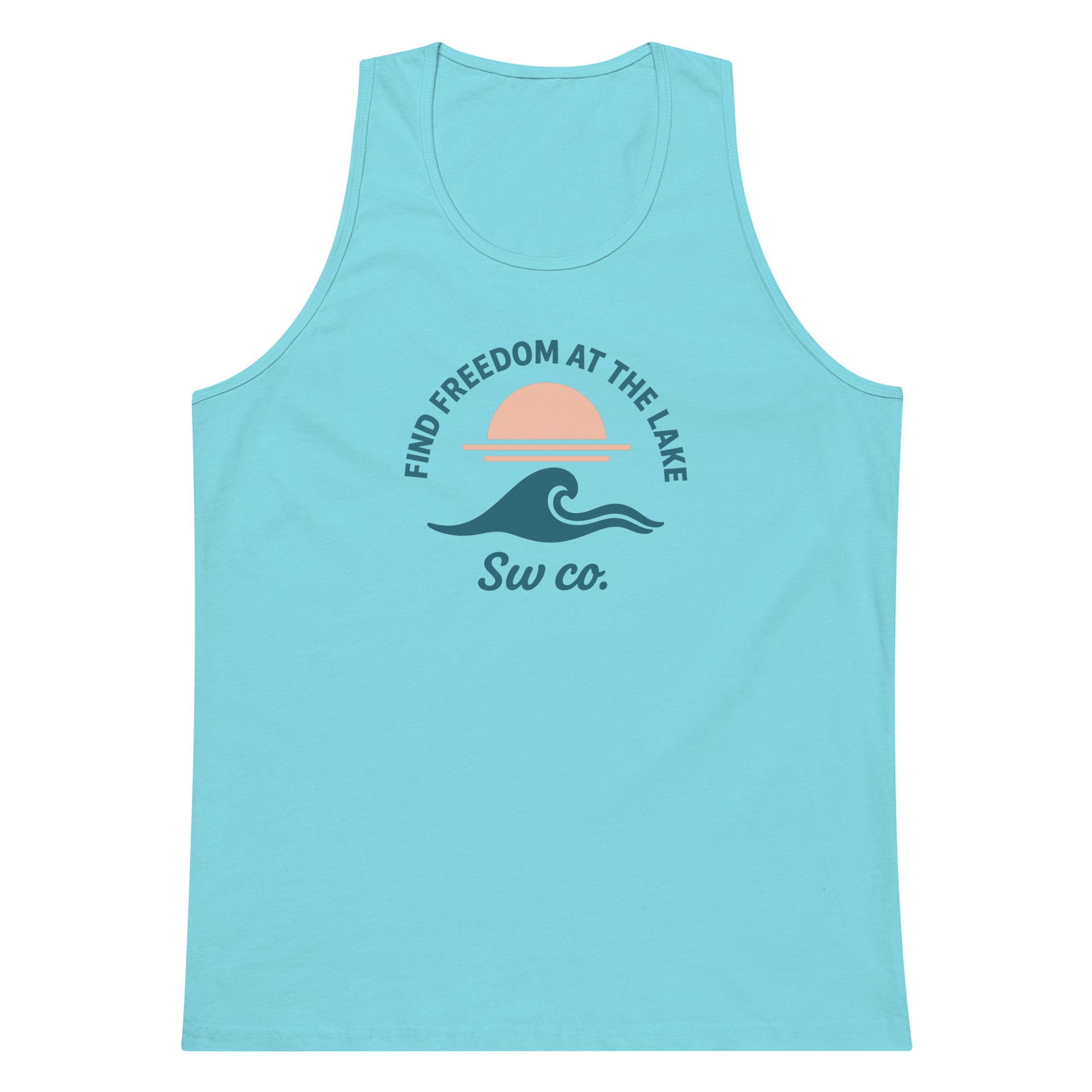 Pacific blue men's tank top with lake wave and sunset graphic, text Find Freedom at the Lake