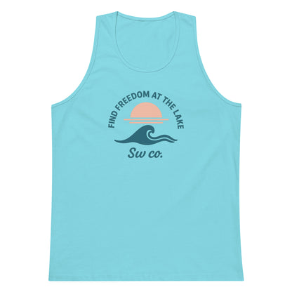 Pacific blue men's tank top with lake wave and sunset graphic, text Find Freedom at the Lake