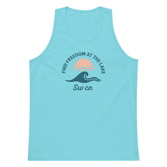 Pacific blue men's tank top with lake wave and sunset graphic, text Find Freedom at the Lake