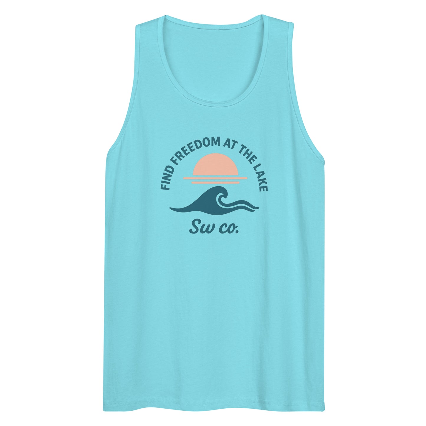 Pacific blue men's premium tank top with sunset and wave graphic, 'Find Freedom at the Lake' text