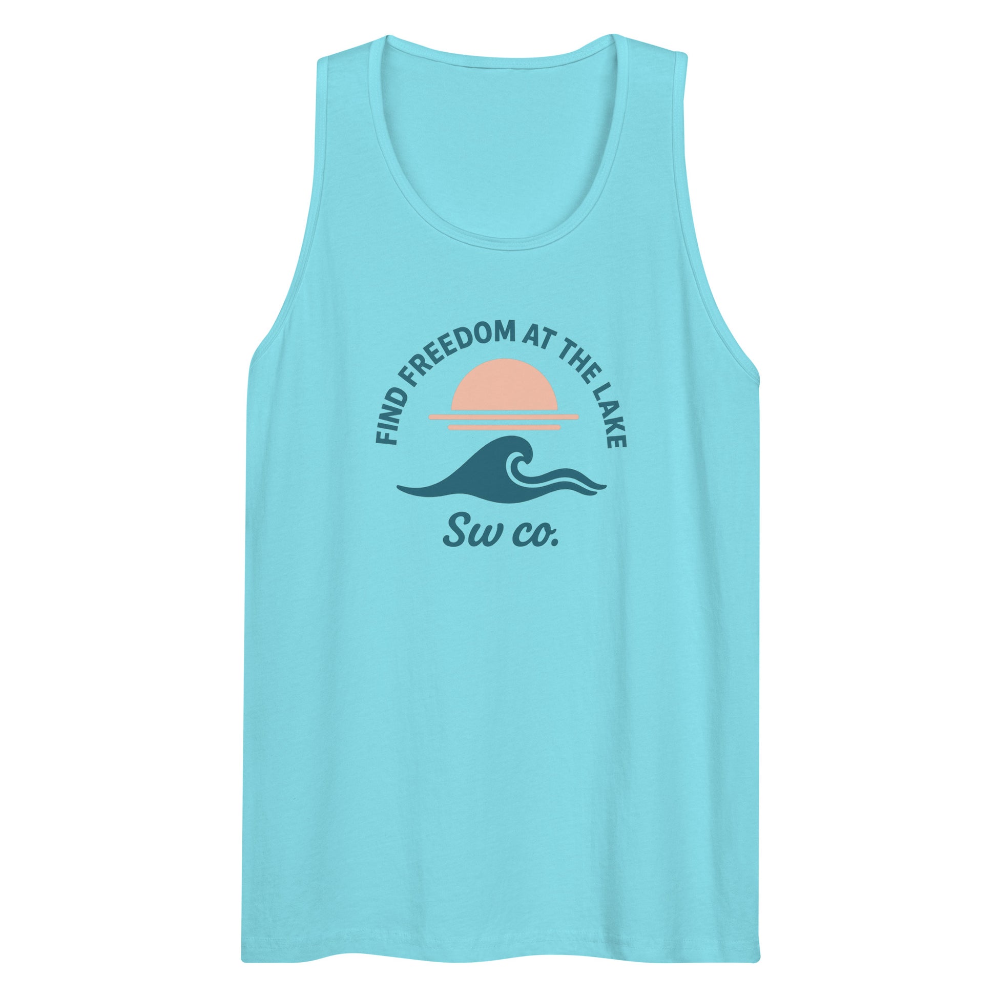 Pacific blue men's premium tank top with sunset and wave graphic, 'Find Freedom at the Lake' text