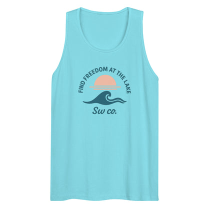 Pacific blue men's premium tank top with sunset and wave graphic, 'Find Freedom at the Lake' text
