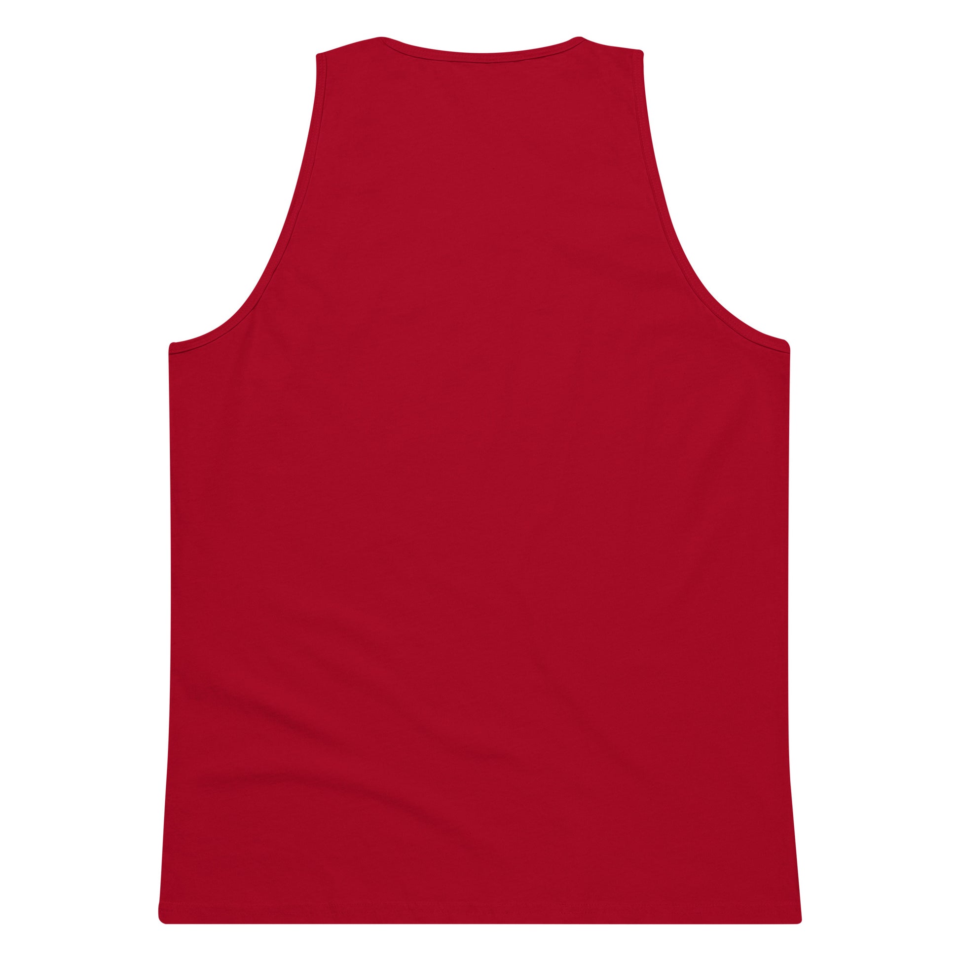 Back view of plain red men's premium sleeveless tank top on white background