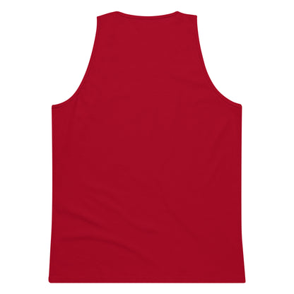 Back view of plain red men's premium sleeveless tank top on white background